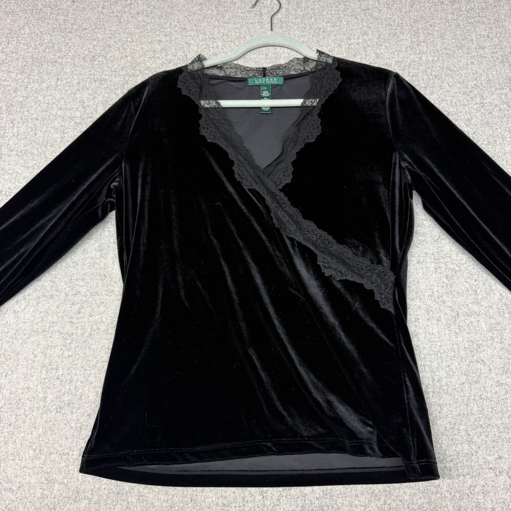 Lauren Ralph Lauren Velvet Top Large Black Lace Trim Faux Wrap Long Sleeve Shirt
